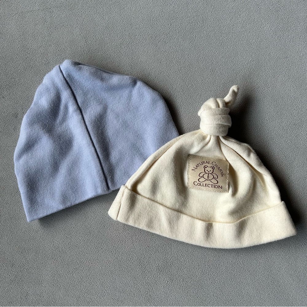 Set of 2 ~ Soft Baby Hats ~ Blue and Cream Knotted